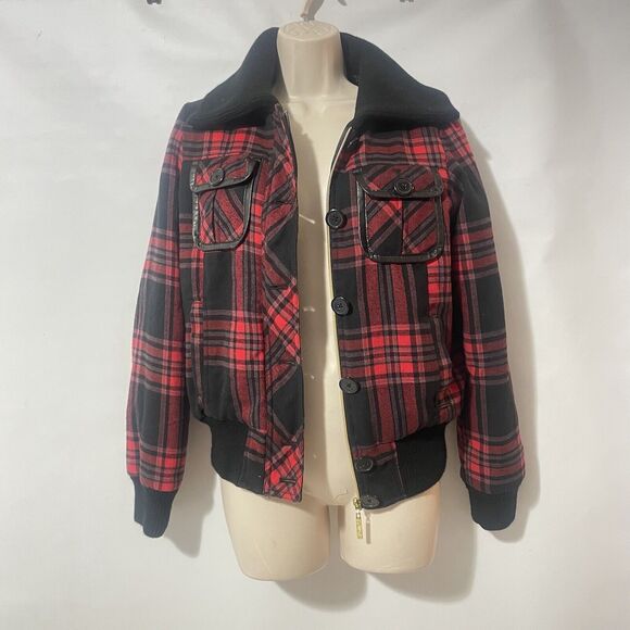 South Pole Womens Medium Flannel Bomber Red Black Buffalo plaid y2k jacket - Picture 1 of 13